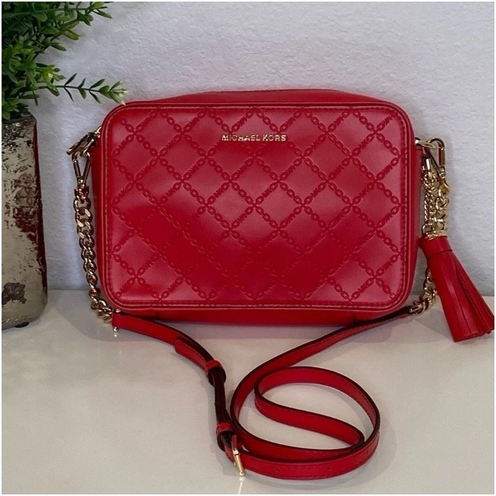 Michael Kors Crossbody Camera Bag Leather‎ Bright Red Gold Chain